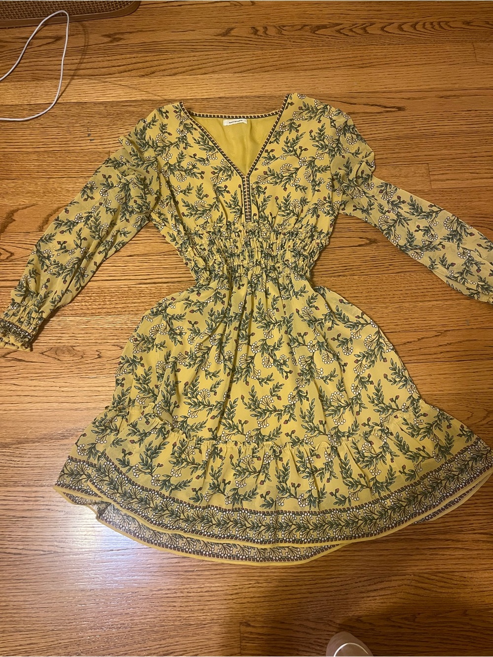 Max Studio Yellow Floral Smocked-Waist Long Sleeve Dress